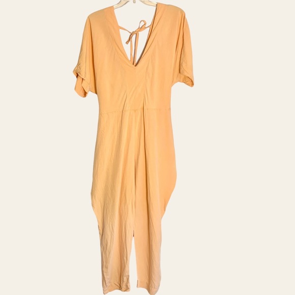 Free People Shining Sun Wrap Linen Jumpsuit Romper Playsuit Orange Cutout Sz L - Picture 7 of 12